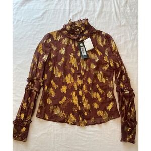Just Cavalli Burgundy Gold Floral Ruffle Neck Long Sleeve Shirt‎ Blouse Size 44